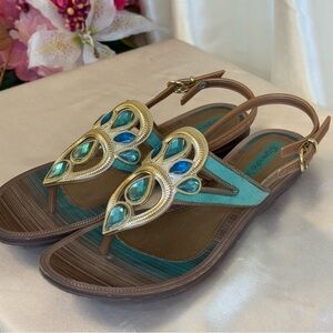 Grendha Turquoise and Brown Bejeweled Sandals 7